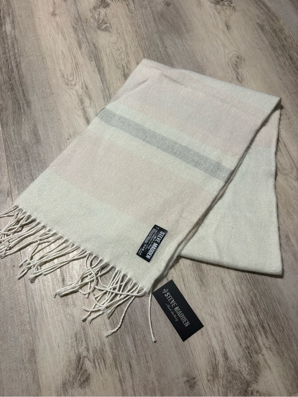 Steve Madden Lurex Striped Muffler Scarf Striped Pink Silver Fringe NWT